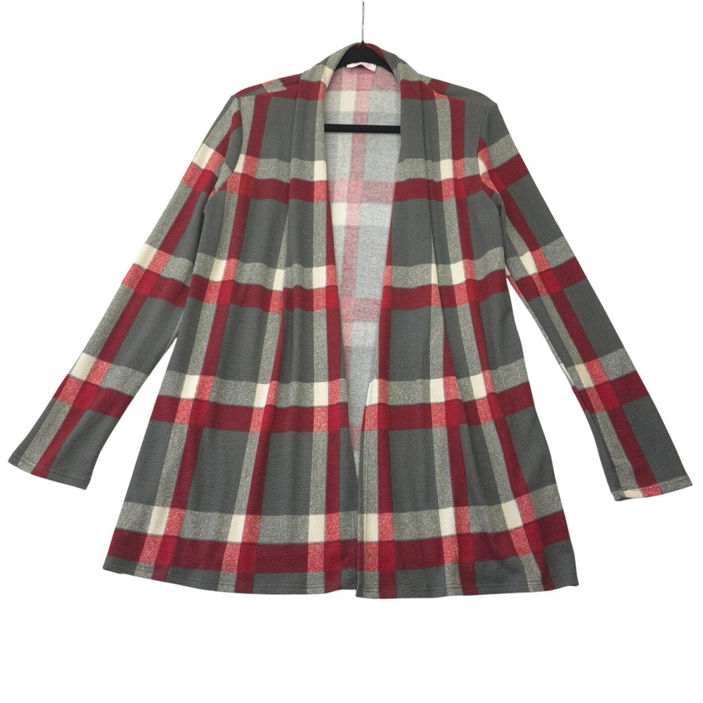 Pink Lily Plaid Open Front Cardigan Red Grey Elbow Patches Medium Preppy Cozy